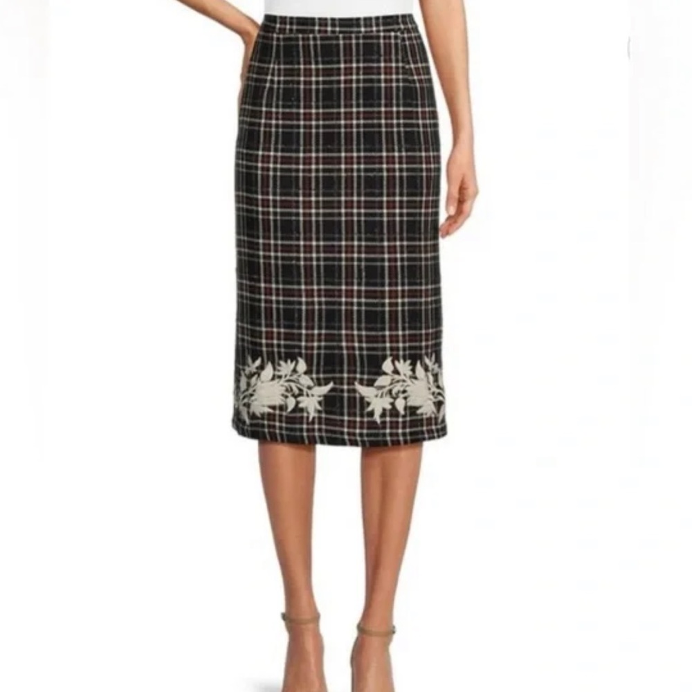 Fanm Mon Tweed Floral Pencil Skirt Sz S Embroidered High Waist Back Slit Midi